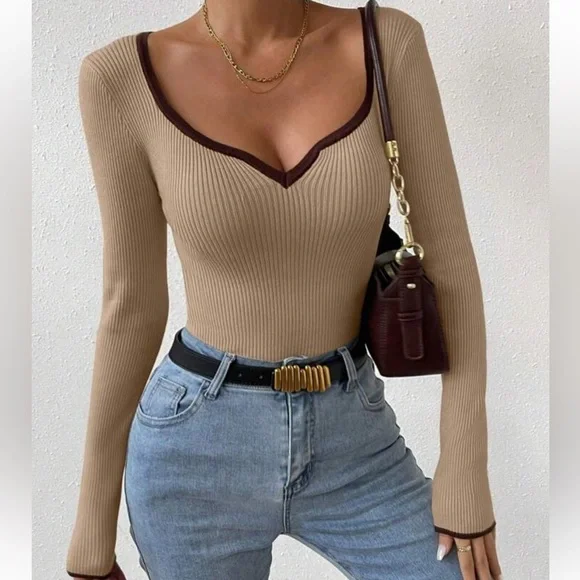 Ribbed V-Neck Tan Sweetheart Neck Contrast Trim Sweater,Long Sleeve Tops S - Picture 1 of 8